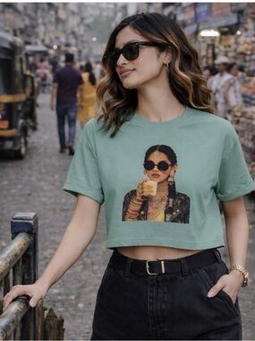 holiCHIC x By Shounak Aditi Cropped Tee Stonewash Green sz L NEW